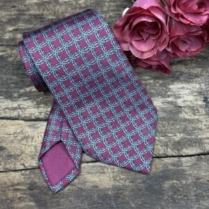 Hermes Paris 7092 Men’s 100% Silk Burgundy & Teal Chain Pattern Made In France